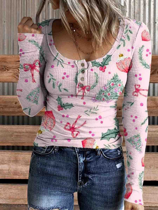 Women's Christmas Print Comfortable Cotton Henley Shirt