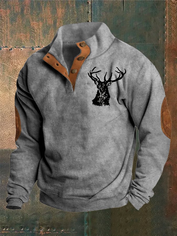 Men's Western Style Printed Stand Collar Button Sweatshirt