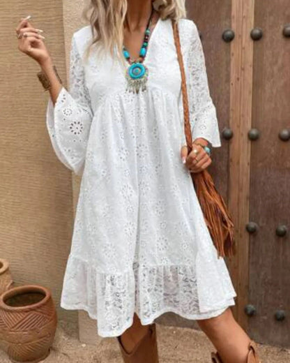 Casual Long Sleeve V Neck Plus Size Lace Dresses