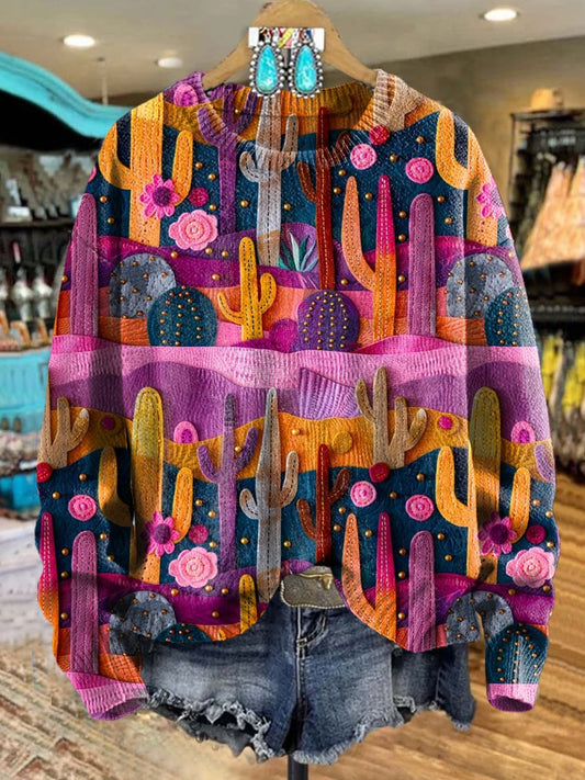 Colorful 3D Western Cactus Print Knit Pullover Sweater