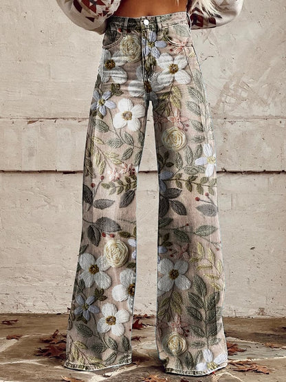 Women's Vintage Botanical Floral Wide Leg Pants