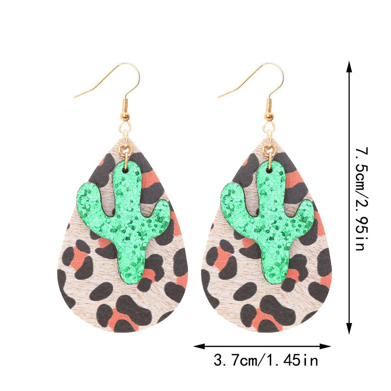 Vintage Leopard Print Cactus Drop Leather Earrings