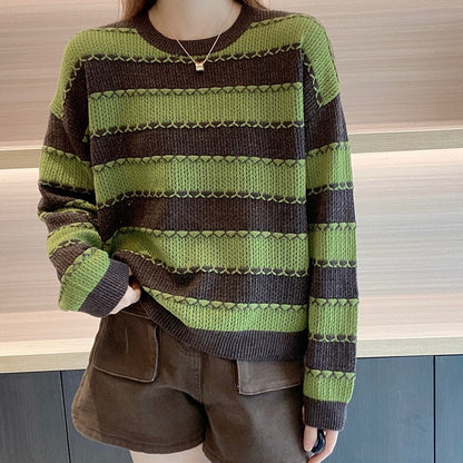 Retro Color Matching Loose Striped Versatile Knit Sweater