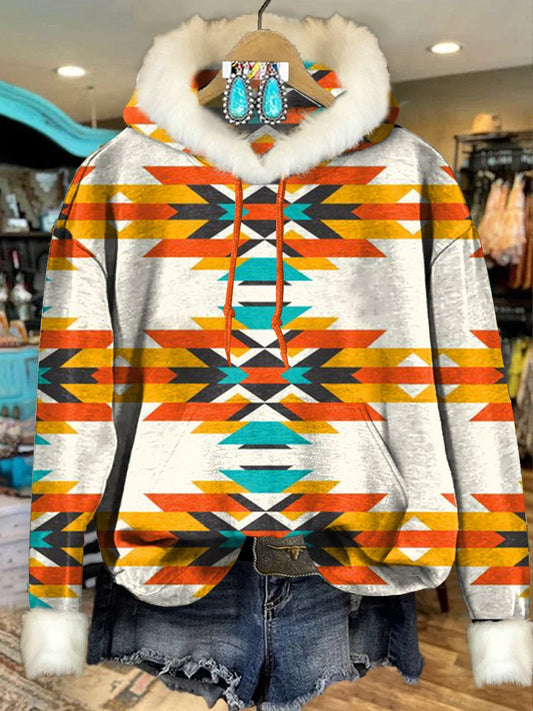 White Vintage Ethnic Aztec Print Imitation Rabbit Fur Trim Casual Hoodie Sweatshirt