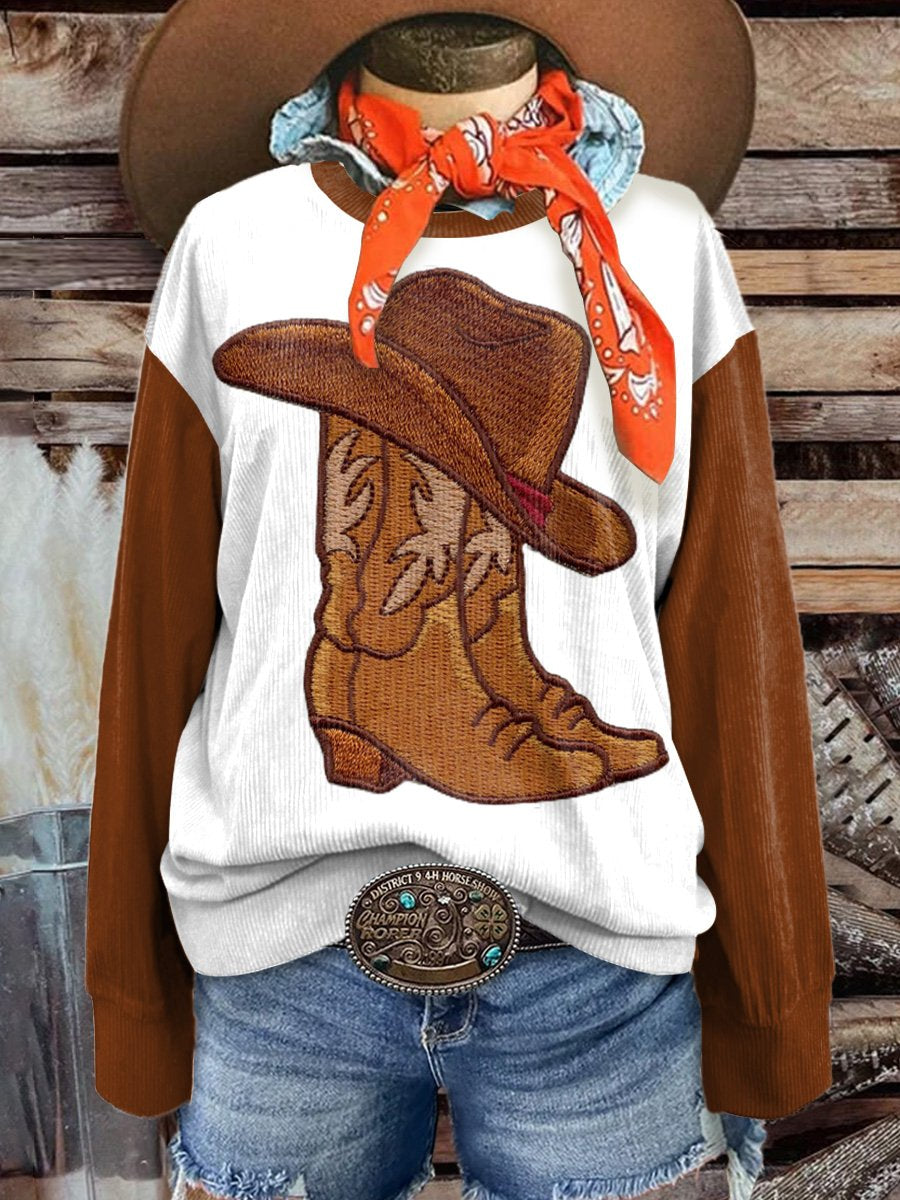 Women's Stylish Wild West Cowboy Boots Art Print Casual Print Corduroy Sweatshirt