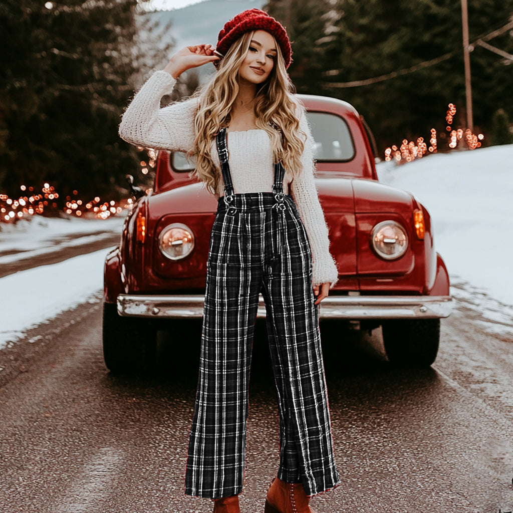 Women Christmas Check Print Jumpsuit