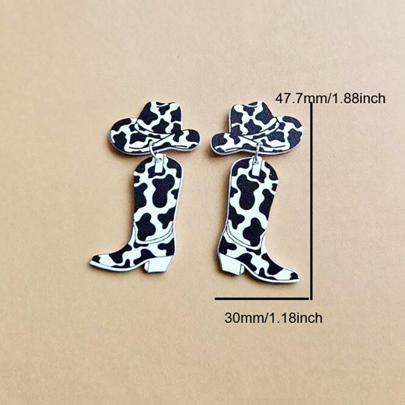 Western Cowboy Cow Pattern Hat Boots Earrings