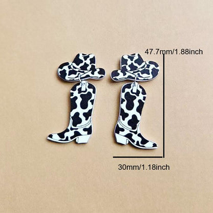 Western Cowboy Cow Pattern Hat Boots Earrings