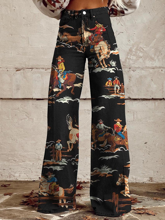 Women's Cowboy Race Print Casual Wide Leg Pants