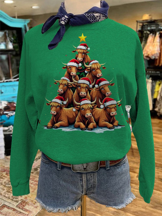 Christmas Bull Tree Print Casual Sweatshirt