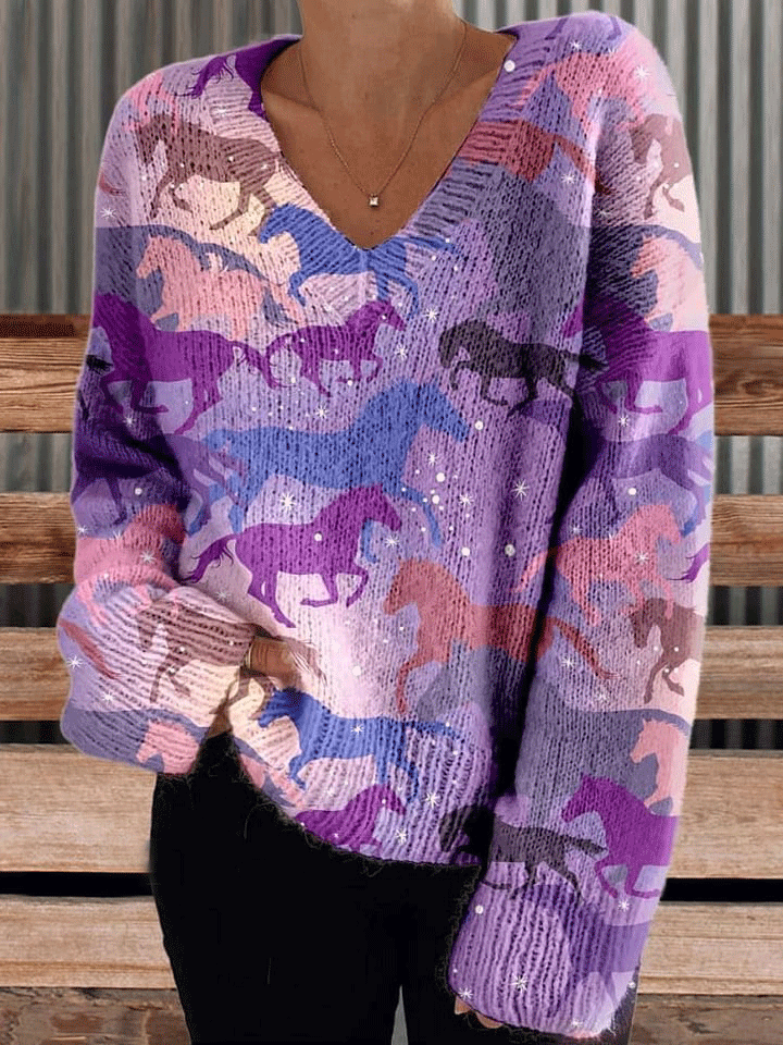 Horse Print Knit Turtleneck Pullover Sweater