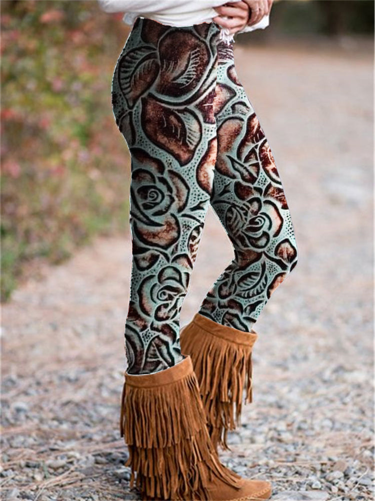 Western Roses Leather Art Print Slim Leggings