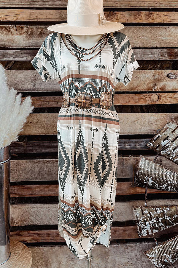 Vintage Western Aztec Print T-Shirt Long Dress