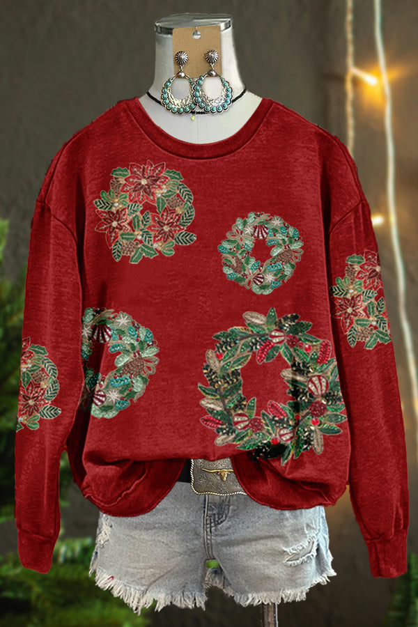 Delicate Christmas Wreath Print Sweatshirt