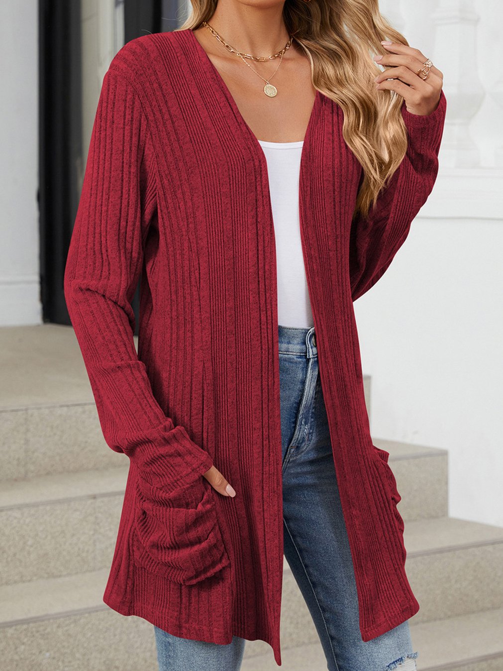 Women's Casual Solid Color Pit Long Sleeve Pocket Cardigan