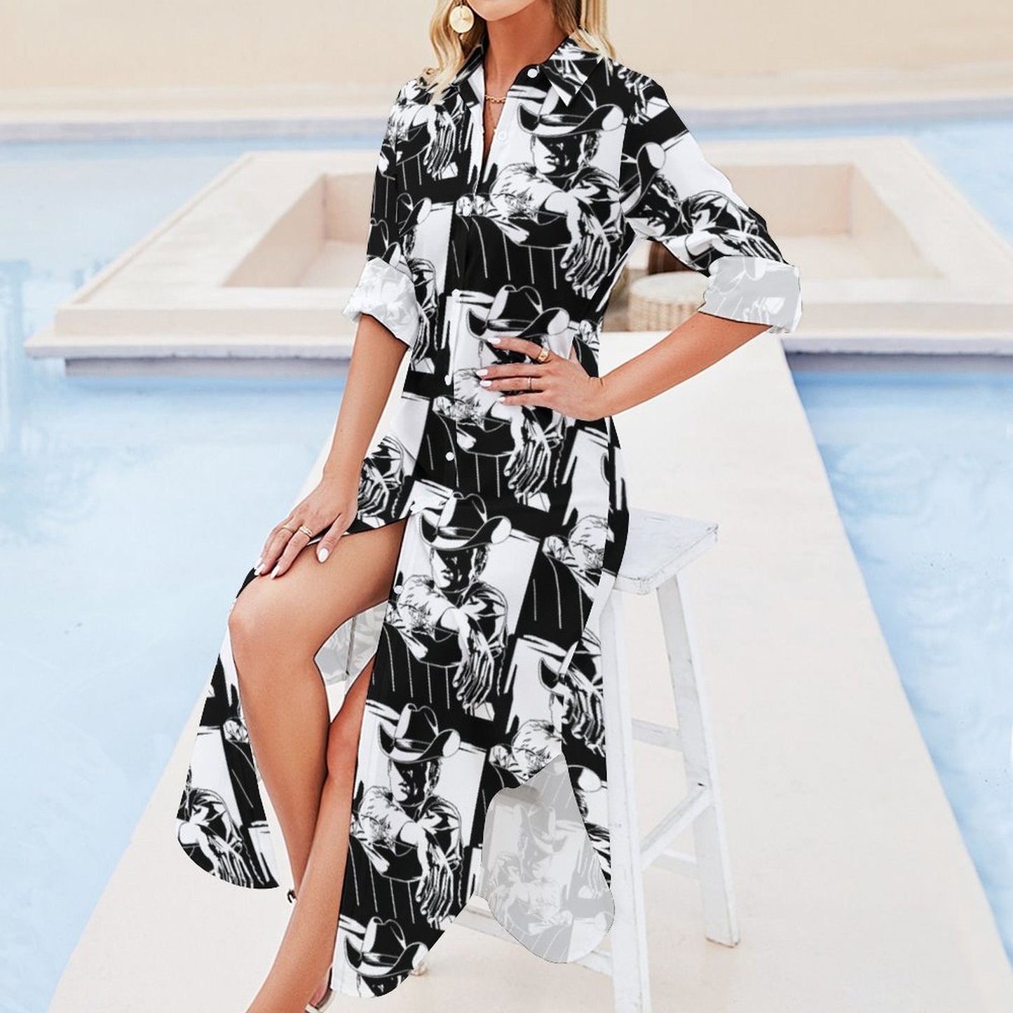 Black White Cowboy Western Duster Dress