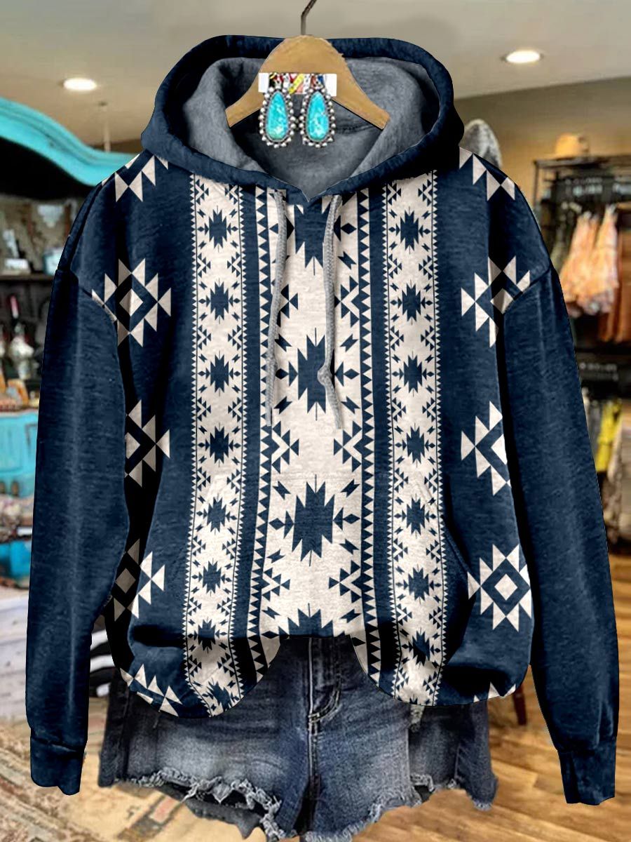 Blue Aztac Print Casual Hoodie Sweatshirt