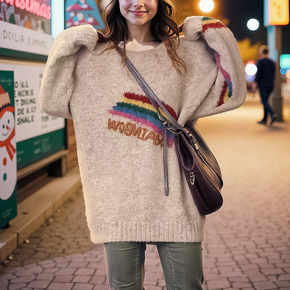 Rainbow Embroidery Loose Round Neck Knitted Sweater