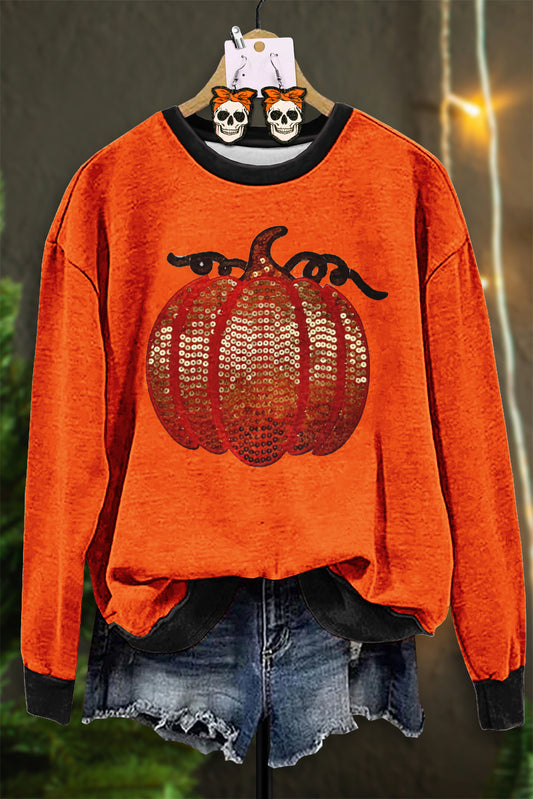 Vintage Halloween Sequin Pumpkin Print Sweatshirt