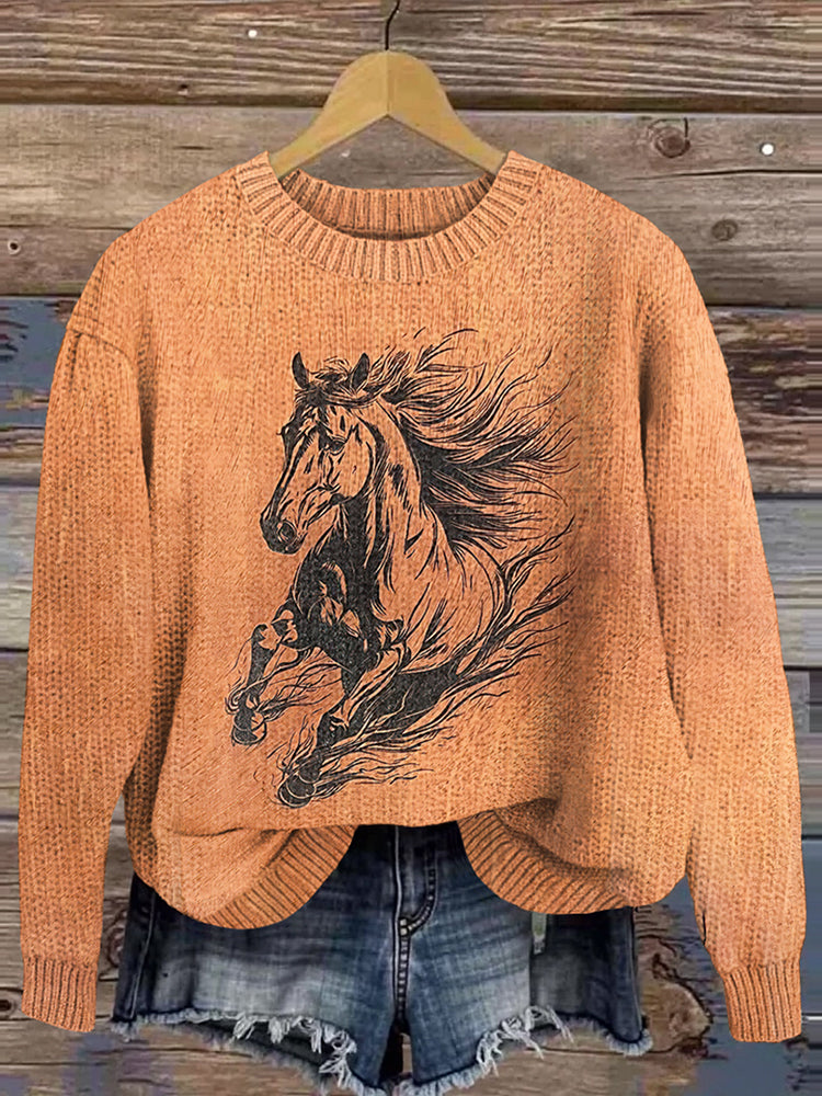 Vintage Tribal Horse Racing Print Knitted Sweater