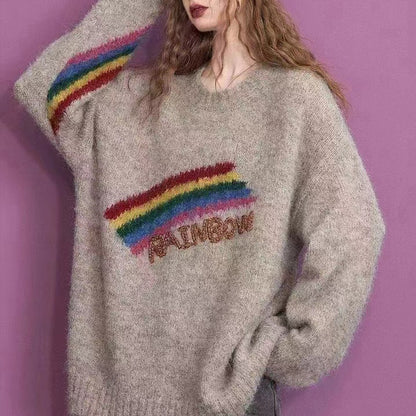 Rainbow Embroidery Loose Round Neck Knitted Sweater