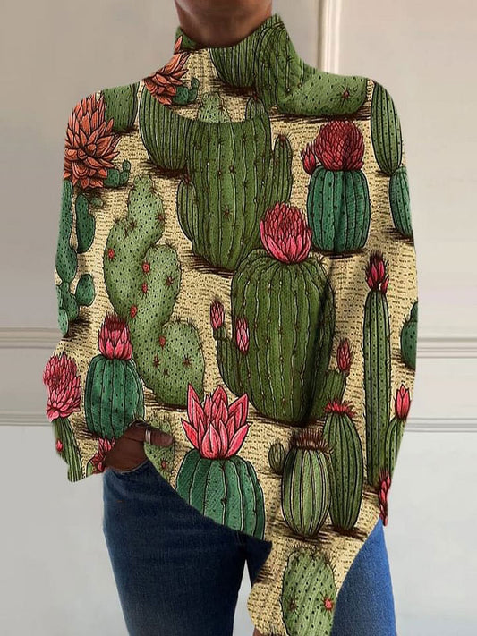 Vintage Cactus Flower Art Print Knit Turtleneck Pullover Sweater