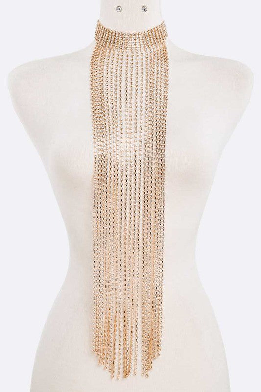 Rhinestone Fringe Chain Statement Choker Necklace