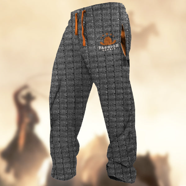 Men's Vintage Western Cowboy Hat Logo Waffle TexturePrint Casual Sweatpants