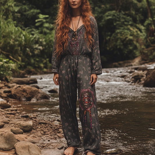 Women's Bohemian Holiday Style Vintage Embroidered Floral Totem Print Casual Jumpsuit