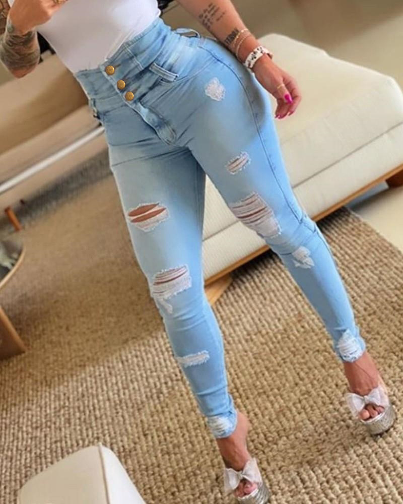 High-Waisted Broken Hole Jeans