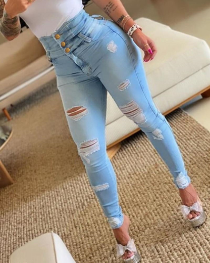 High-Waisted Broken Hole Jeans