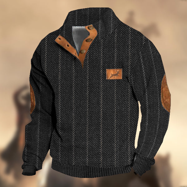 Men's Retro Country Casual Twill Wool Elk Logo Stand Collar Button Sweatshirt