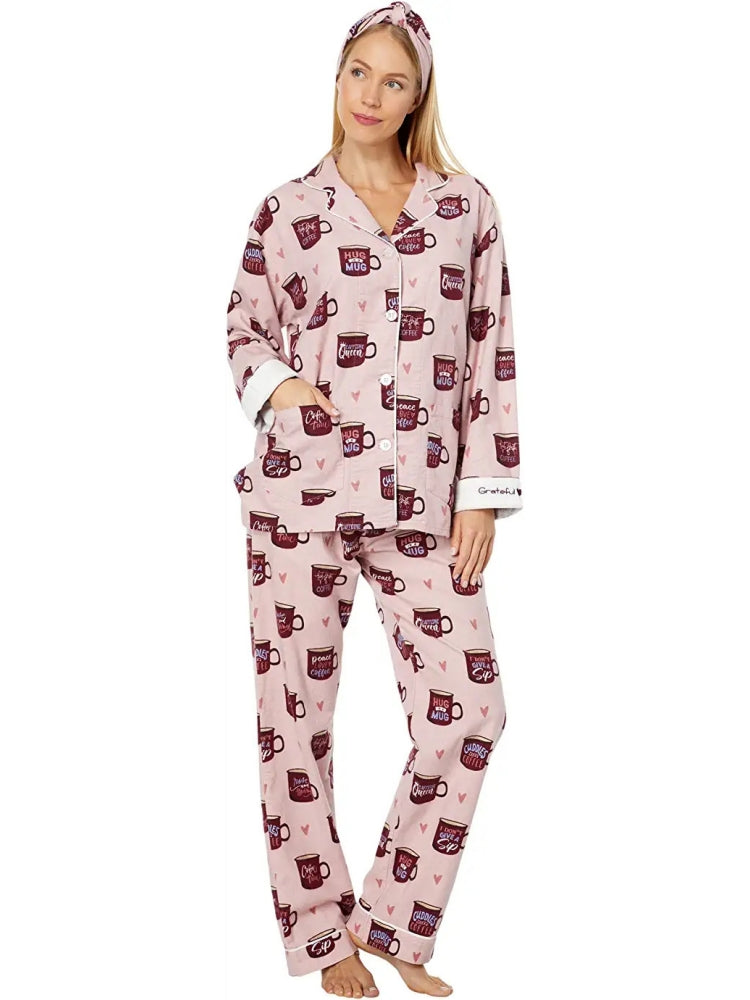 Heart & Coffee Cup Print Pajama Set