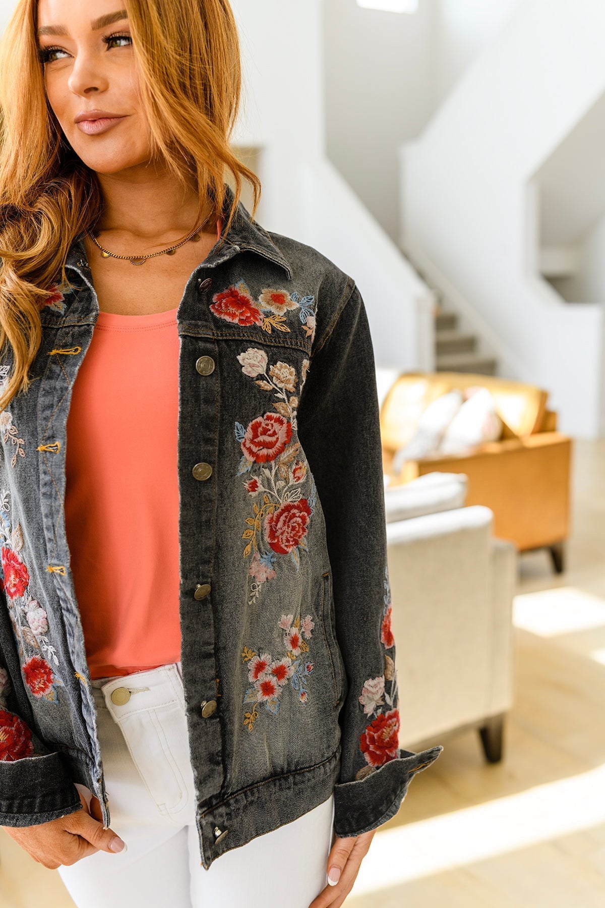 Flower Embroidered  Denim Jacket