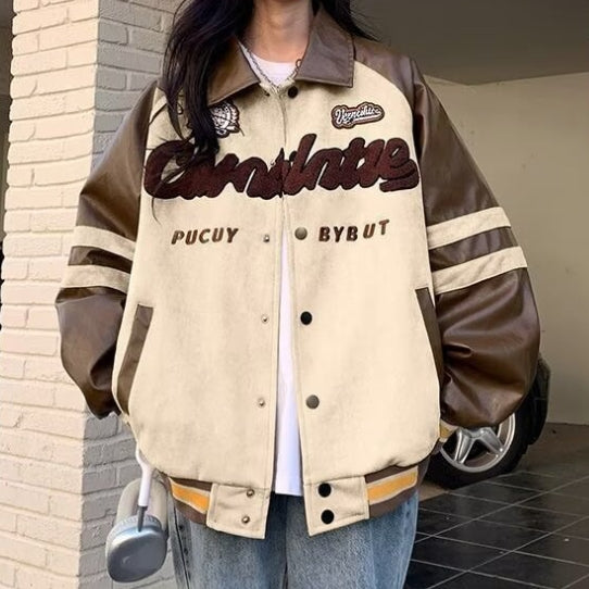 Suede And Leather Embroidery Baseball Jacket