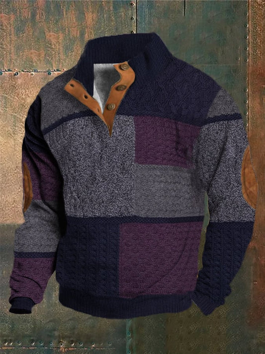 Men's Western Vintage Knitted Patchwork Printed Stand Collar Button Sweatshirt