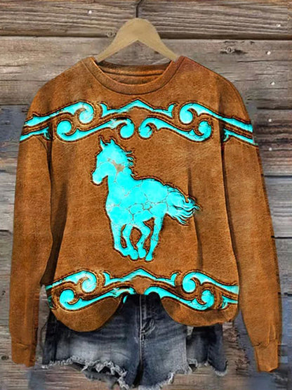 Vintage Horse Print Crew Neck Sweatshirt