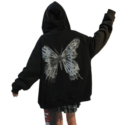 Autumn And Winter Women's Plus Velvet Cardigan Hooded Sweatshirt European And American New Street Letter Butterfly Print