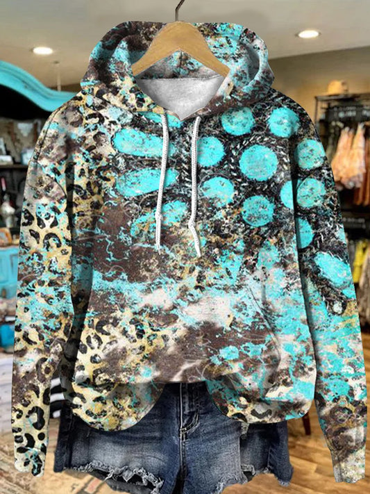 Vintage Leopard Turquoise Bead Flower Print Art Print Casual Hoodie Sweatshirt