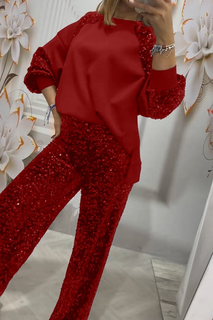 Women's Fashion Sequin Patchwork Top and Pants Two-Piece Set