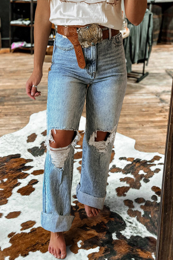 Vintage Washed Ripped Wide Leg Jeans