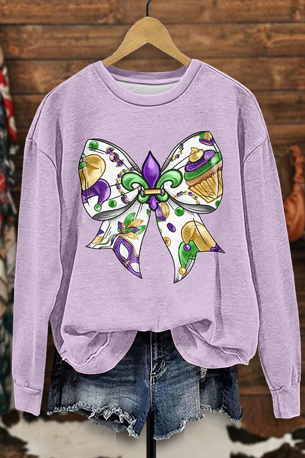 Loose Bow Print Mardi Gras Sweatshirt