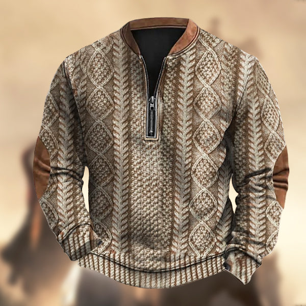 Men's Vintage Western Knit Print Zipper Stand Collar Casual Sweatshirt