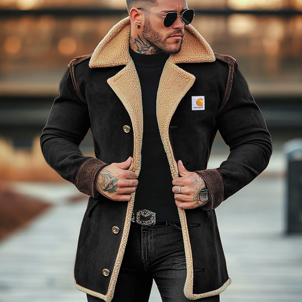 Men's Vintage Suede Shearling Fleece Wool Fur Lapel Collar Mid-Length Coat Sherpa Lined Jacket