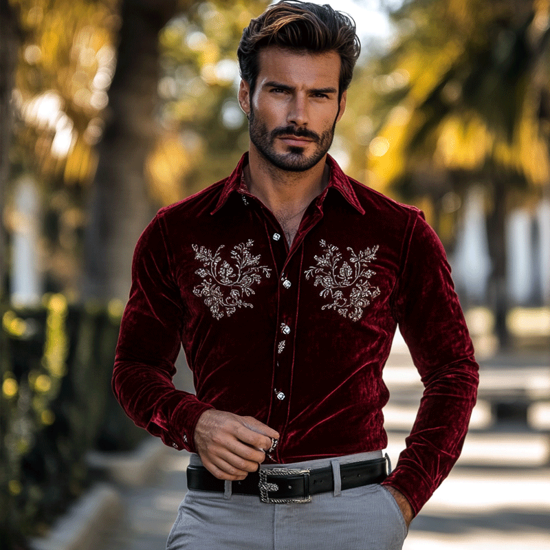 Men's Regular Fit Crushed Embroidery Velvet Shirt