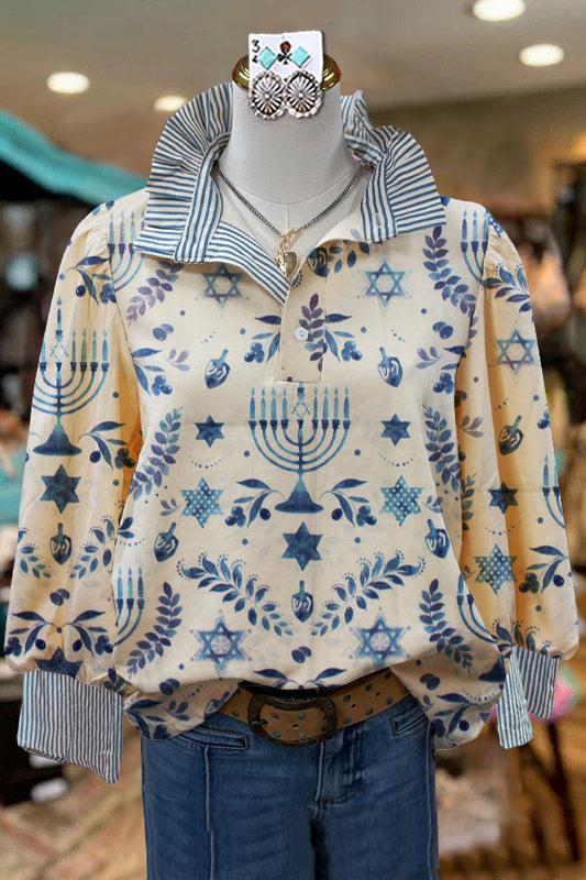 Elegant Contrast Hanukkah Print Blouse