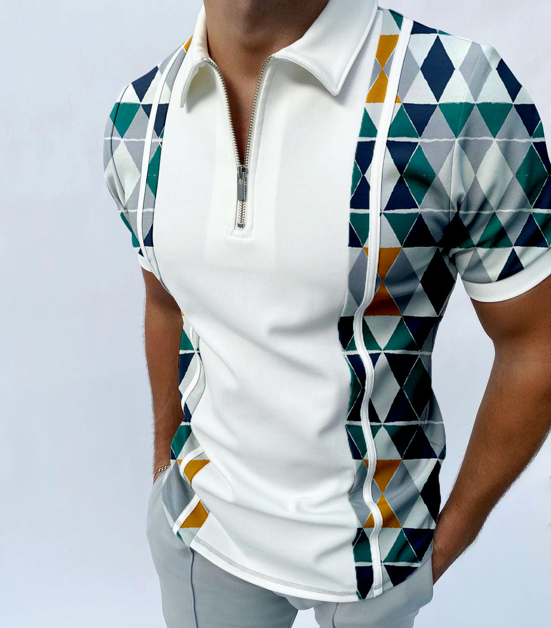 Men's geometric print casual polo shirt