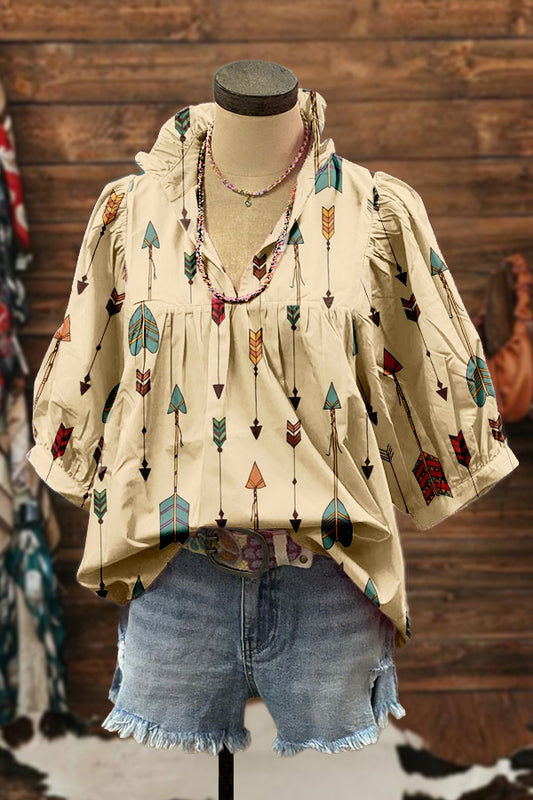 Cute Western Aztec Puff Sleeve Blouse