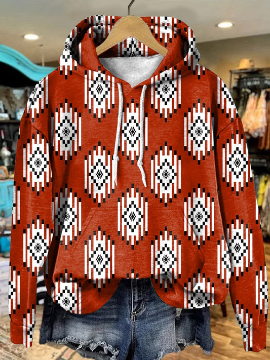 Retro Red Aztec Art Print Casual Hoodie Sweatshirt