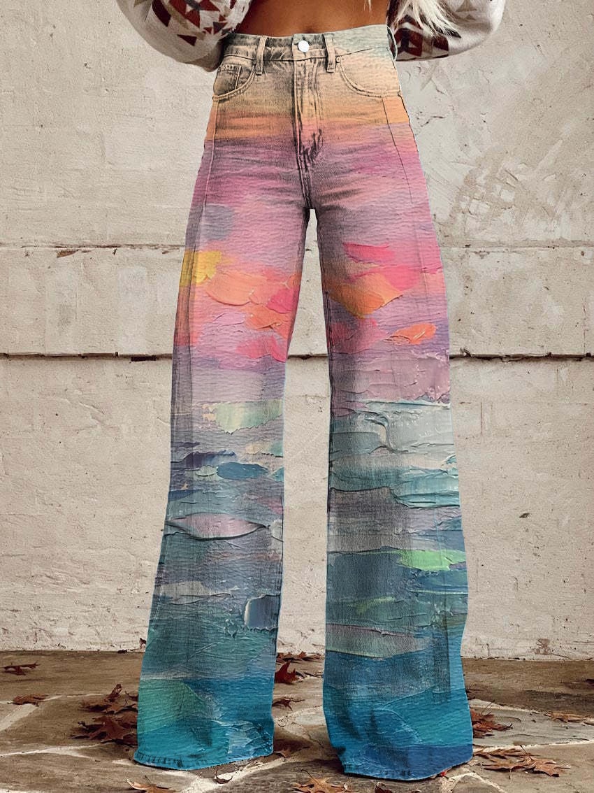 Women's Retro Gradient Design Wide Leg Pants